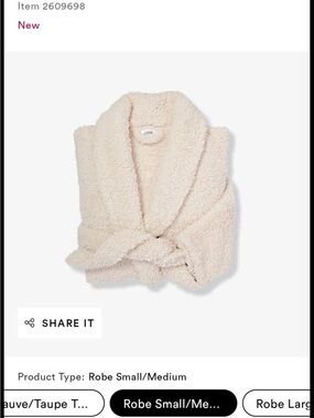 NWT Ulta Beauty Ultra Plush Bath Robe. Cream color. Size S/M